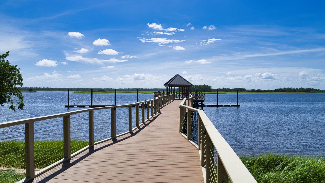 Custom wooden dock extending over NC waters